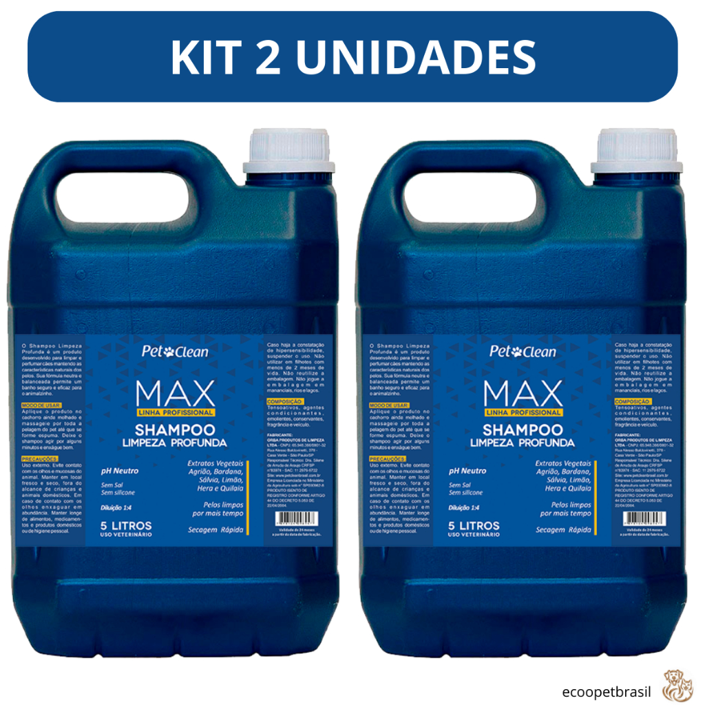 KIT Shampoo Max Profissional Limpeza Profunda 1:4 Pet Clean 5L para Cães, Banho e Tosa