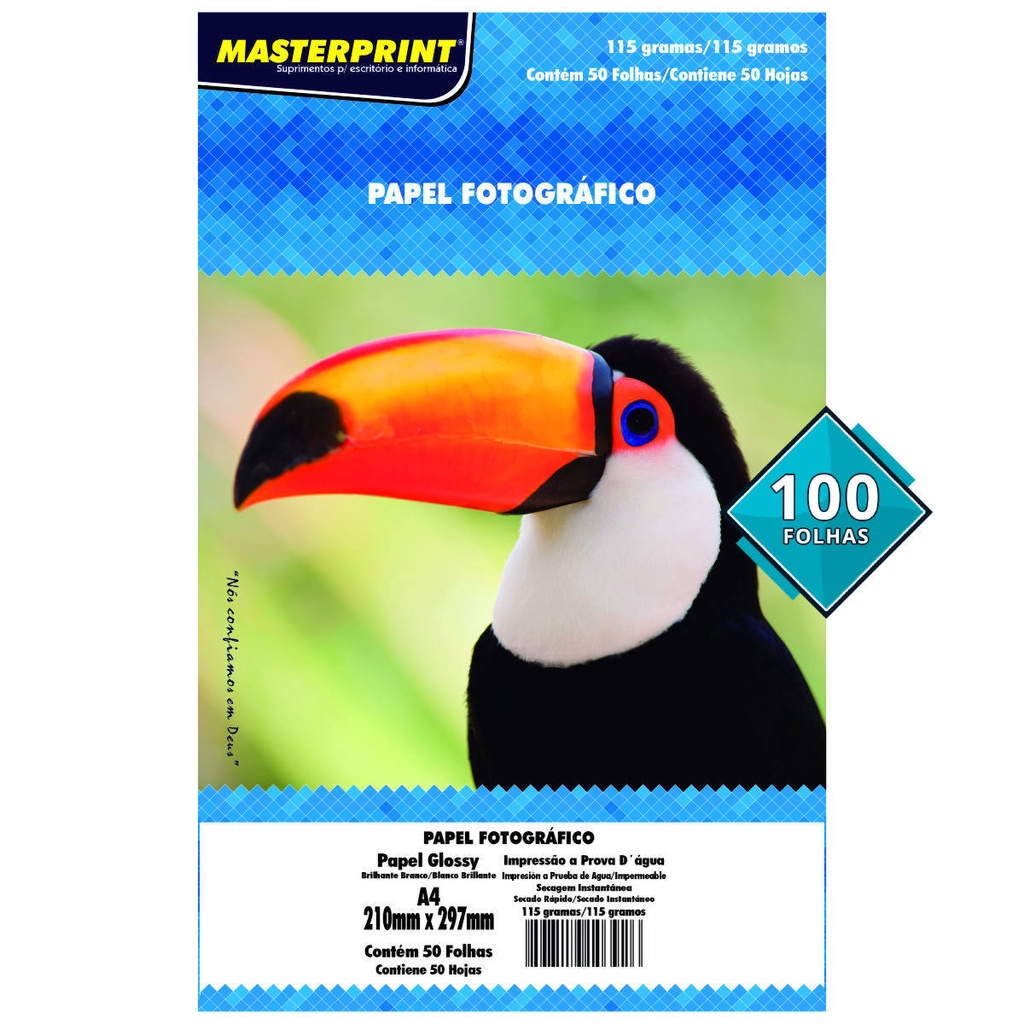 Papel Fotográfico 115g A4 Glossy Branco Brilhante Masterprint com 100 Folhas