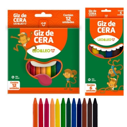 Giz de Cera Caixa com 6 ou 12 Cores Fino 88mm LeoE