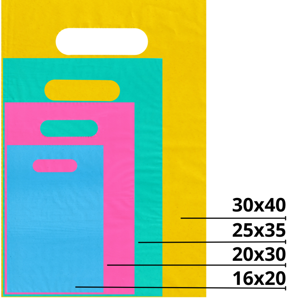 50 Sacolas Plásticas Boca de Palhaço Alça Vazada – 16×20 / 20×30 / 25×35 / 30×40 / 40X50