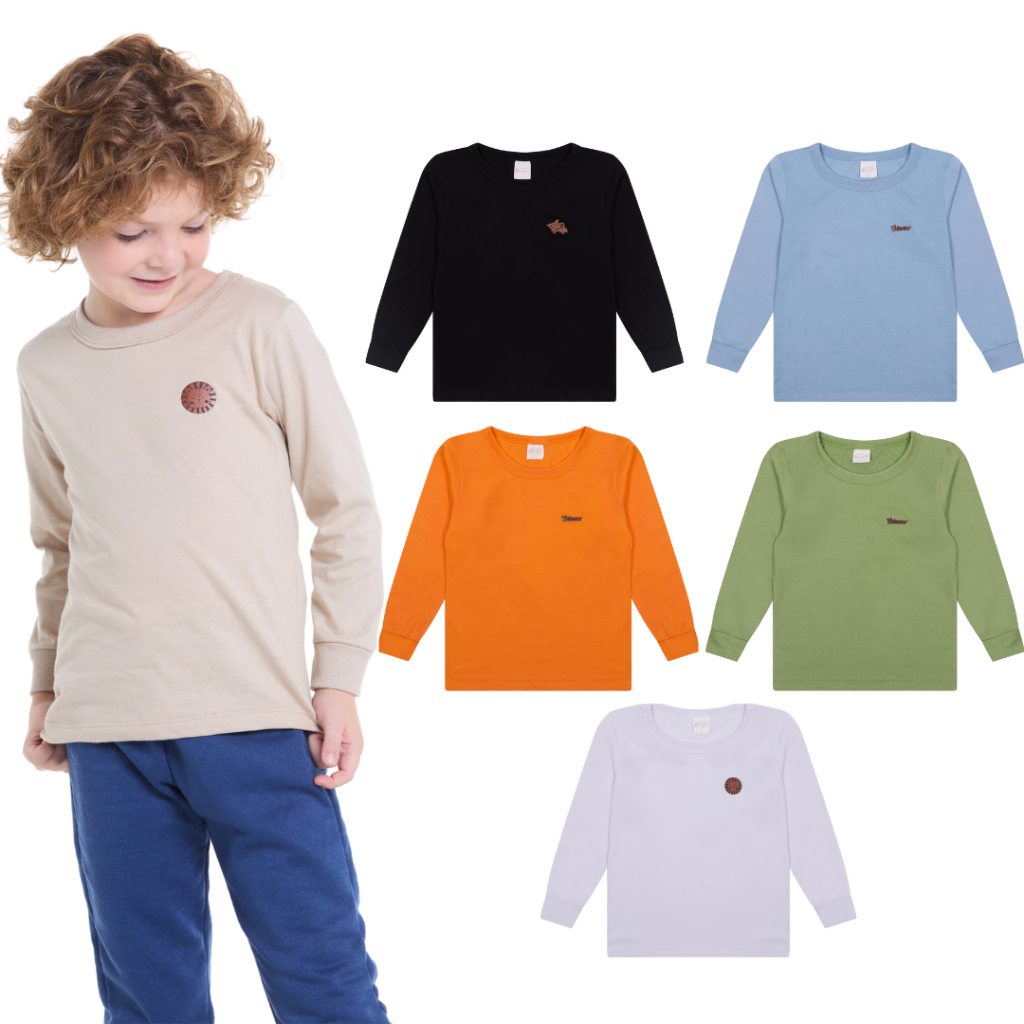 Kit 2 Camiseta Manga Comprida em Meia Malha Premium Juvenil e Infantil com Aplique 2 ao 16 anos