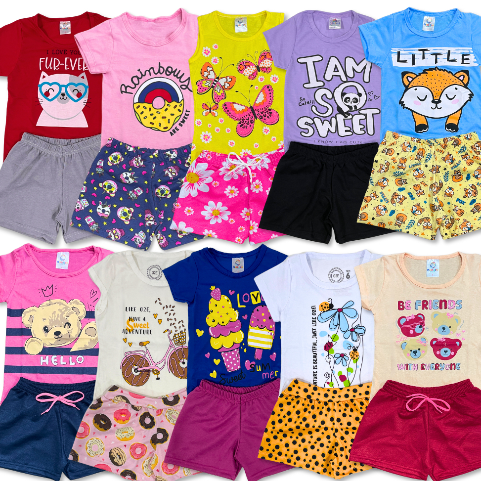 Kit 6 ou 10 Peças 3 ou 5 Conjunto Roupa Infantil Menina Verão Sortido Estampado Camiseta + Shorts