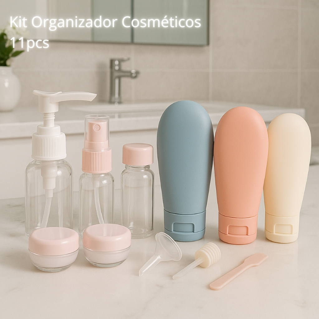 Kit 11 Pcs – Frascos Organizador De Viagem Shampoo Creme Sabonete Condicionador Perfumes + Necessair