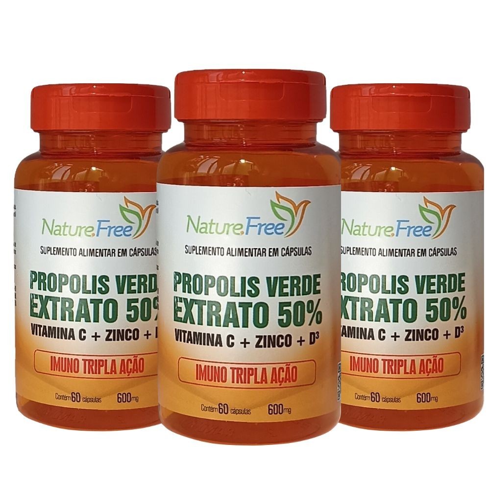 Kit 3 Suplemento Alimentar – Própolis Verde Extrato 50% + Vitamina C + Zinco + D. 60 Cápsulas 600mg