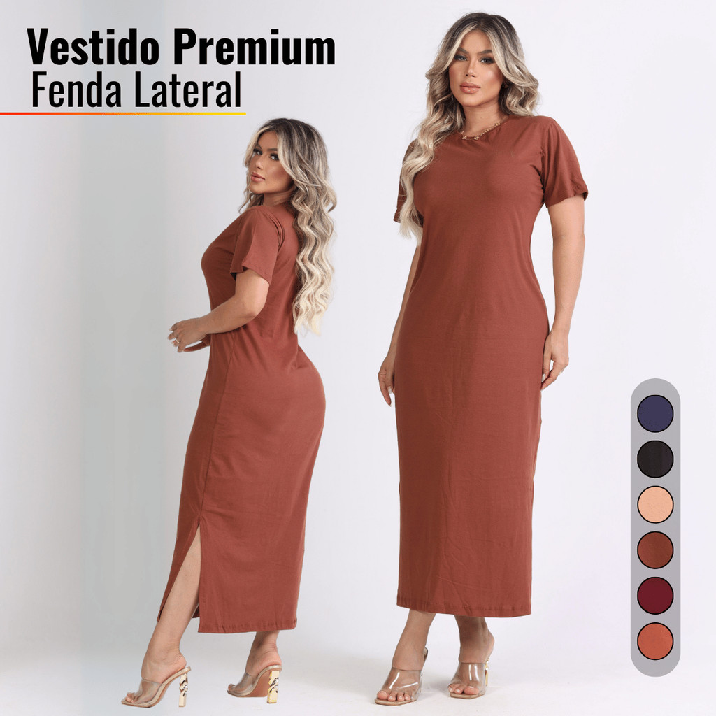 Vestido Feminino Fenda Lateral 100% Algodão Moda Básica Casual Elegante 38 ao 46 Midi Social Oferta