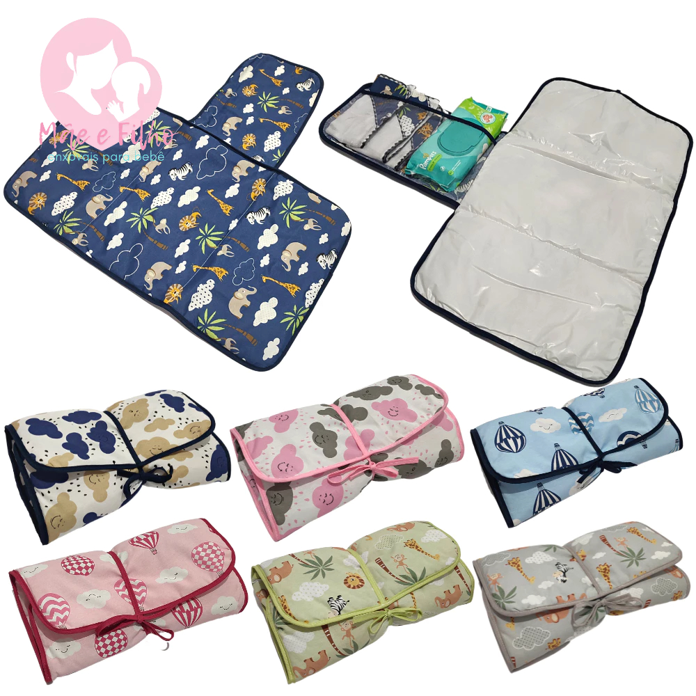 Trocador de Fralda Portátil Bebê Bebe Impermeável Dobrável com Tecido Estampado 100% Algodão