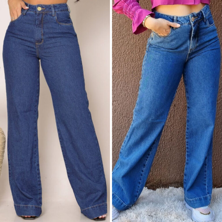 Calça Jeans Feminina Wide Leg Cintura Alta Tecido