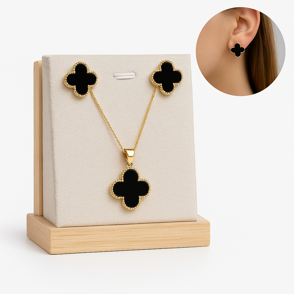 [ SEMI JOIA ] Kit Conjunto Colar + Brinco Trevo Preto Delicado Virgínia Banhado Ouro 18k Alto Padrão