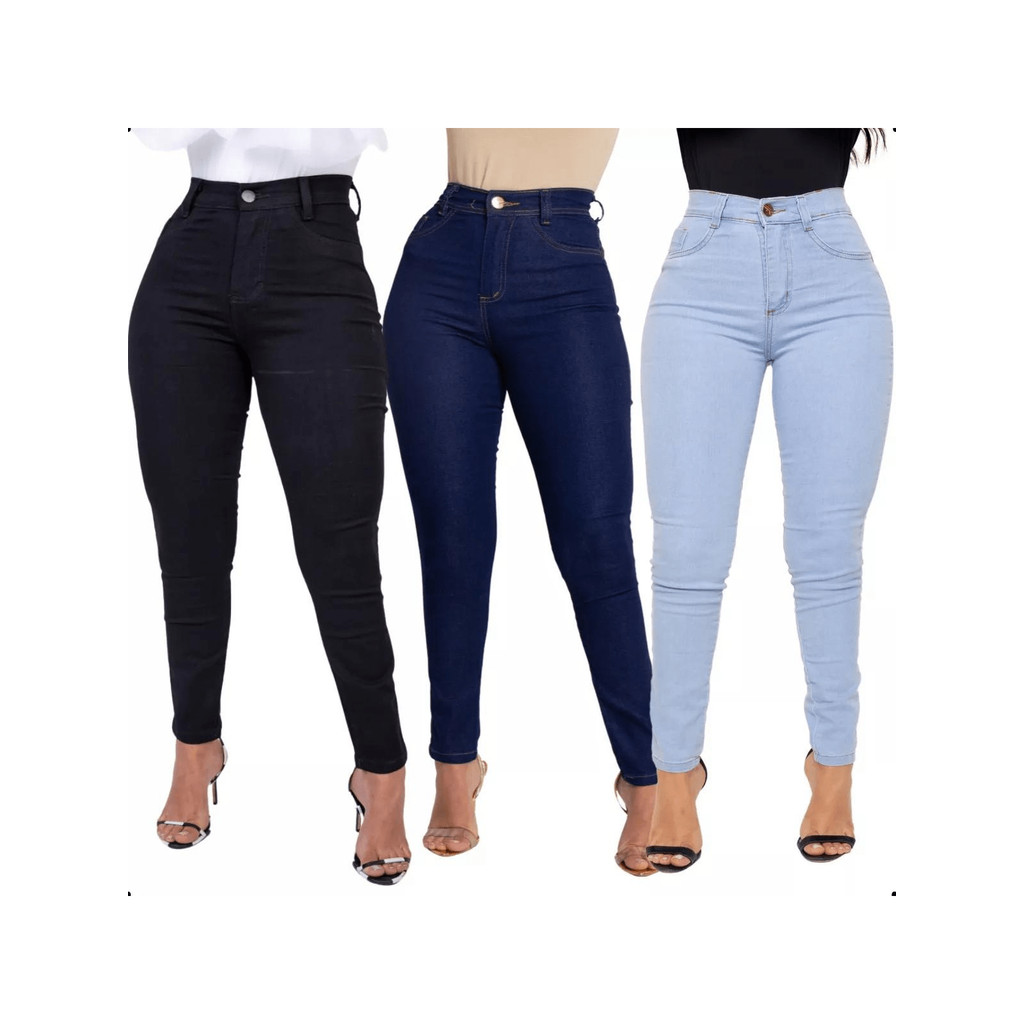 kit 3 Calças Jeans feminina Skinny Premium Lycra estica muito cintura alta Elastano levanta
