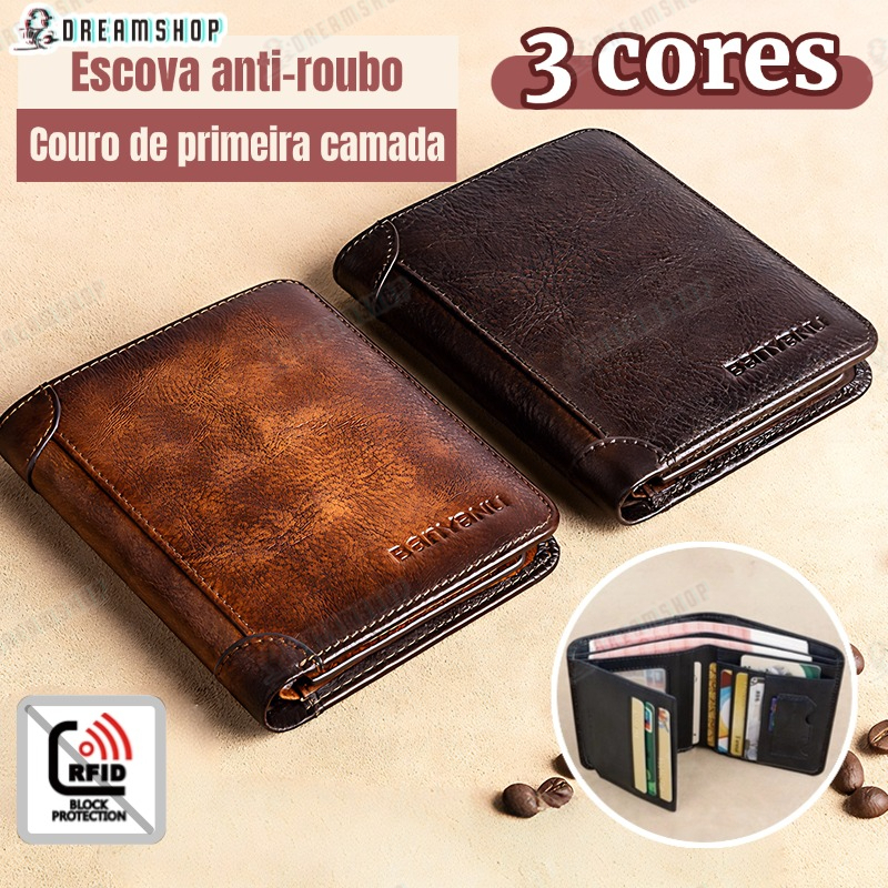 Carteira Antifurto Masculina De Couro Legítimo Vintage De Trifold E Bifold À Escolha