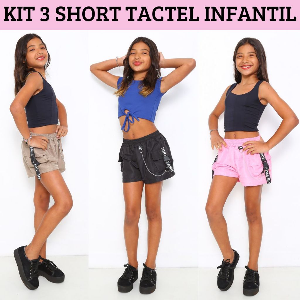 Kit 3 Shortinhos Infantil Feminino Tactel Detalhe Com Fitas e Corrente Muito Estiloso Short Infantil