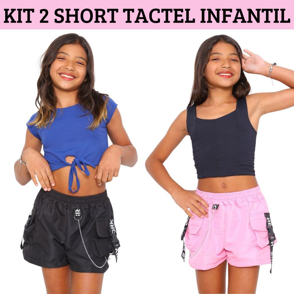 Kit 2 Short Infantil Para Meninas Feminino Tactel Fita e Corrente 4 Bolsos 4 Cores Short Cargo Crian