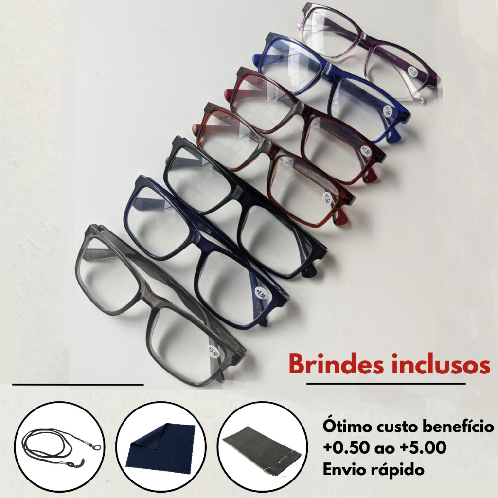 Óculos Para Leitura / Descanso / Unissex + Cordão Capinha e Flanela –  0.50 até 5.00 – Escolha a Cor