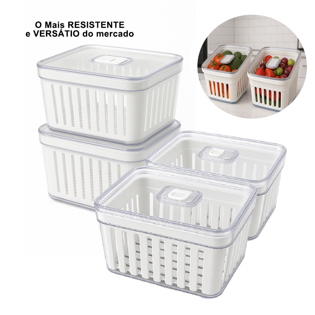Kit Organizador de Geladeira 3.8 Litros Cesto Com Tampa Multiuso Alimentos Verduras e Vegetais