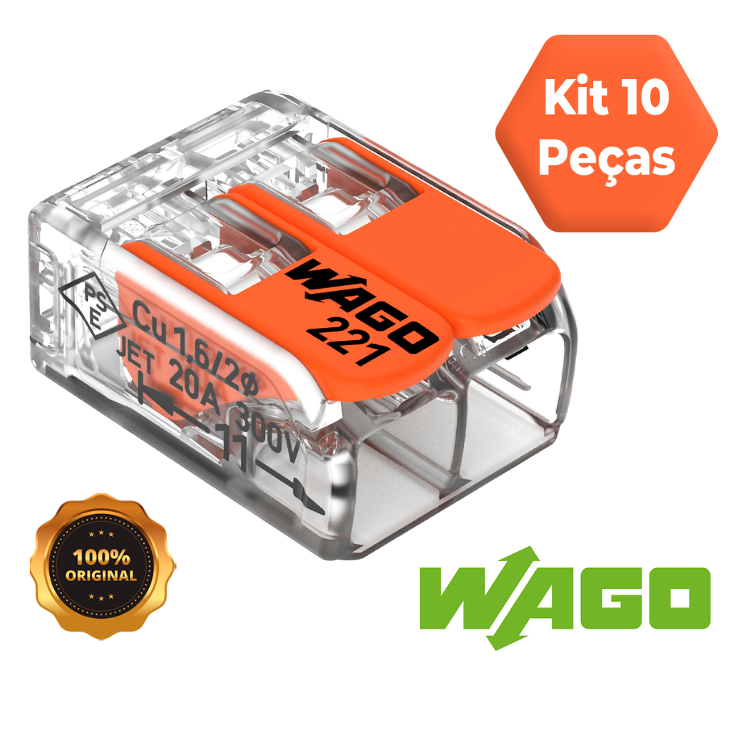 Conector de Fio Elétrico Wago 221-412 Conector Wago Emenda 4mm 32A Conexão Automática Kit 10 peças
