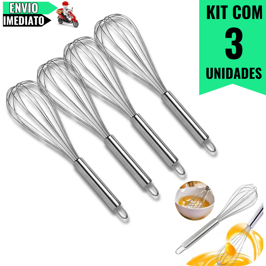 Kit 3 Batedores de Ovos em Aço Inox Fouet 30cm  Mixer Manual Profissional Para Uso Doméstico e Resta