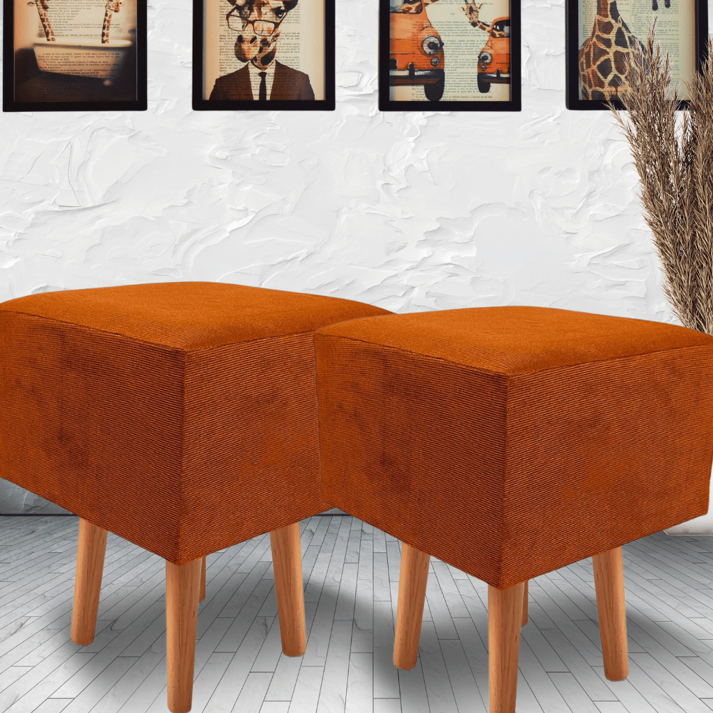 Kit com 2 Banquetas Puff Retrô Pé Madeira Pinus 35×35 Sued Retangular Banquinho Escrivaninha Várias