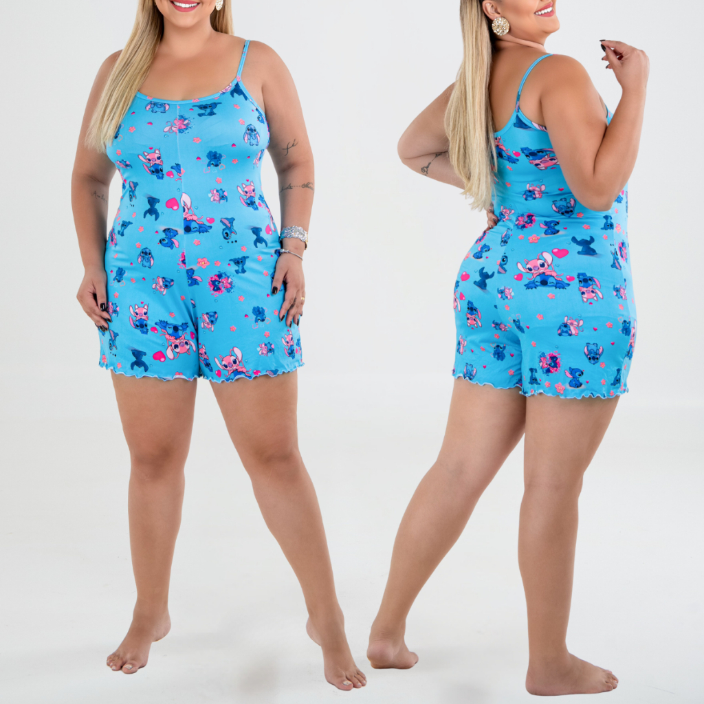Pijama Macaquinho Alcinha Plus Size Personagens De Dormir Estampado Confortável Soltinho