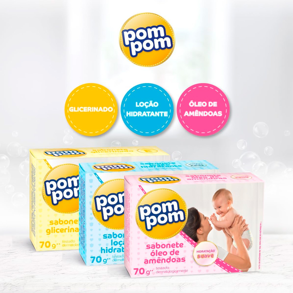 Sabonete Infantil PomPom Glicerinado 70g | Hipoalergênico | Pele Suave e Cheirosa | 1 Unidade