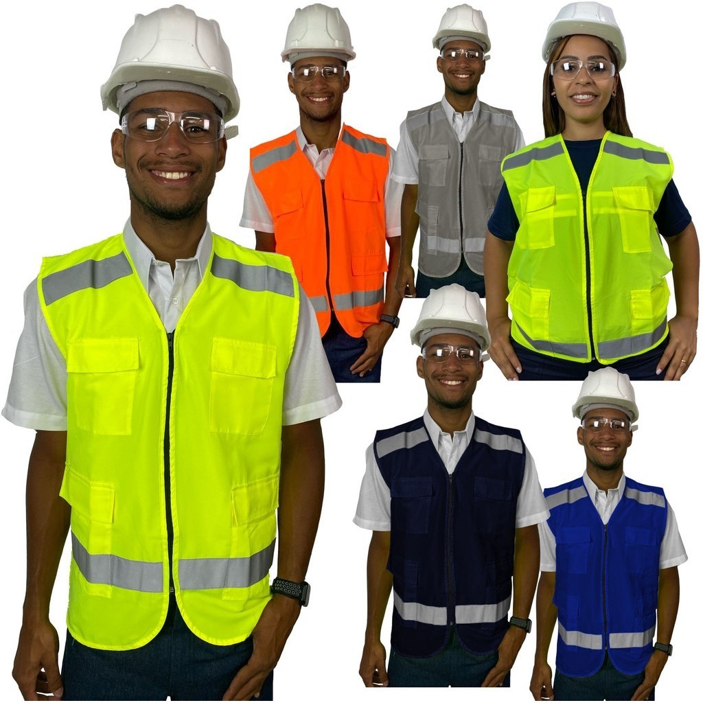 Colete de Segurança Faixa Refletiva REFORÇADO Uniforme Sinalização 4 bolsos