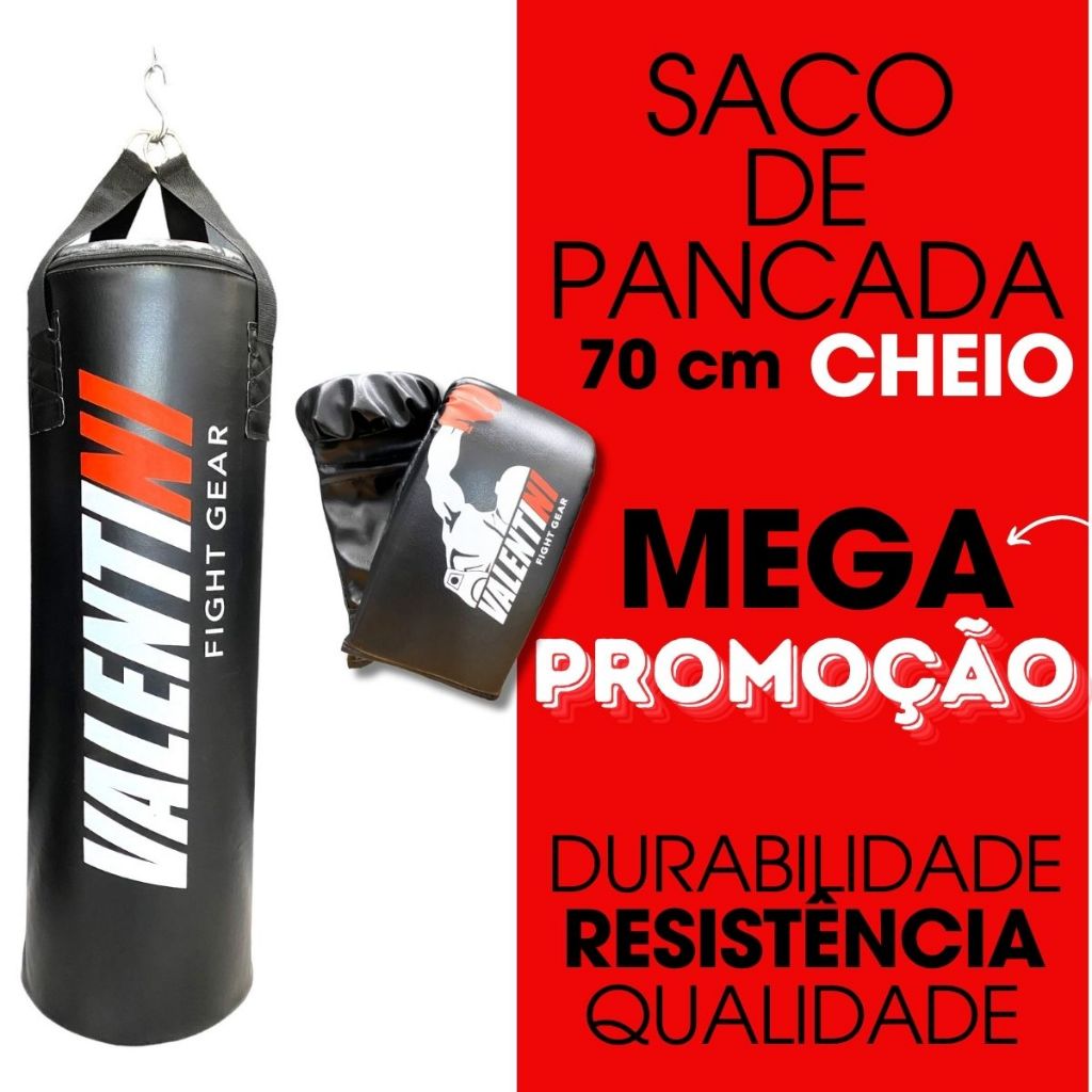 Saco de Pancada VALENTINI 70 cm  CHEIO – Treino Boxe Muay Thai  + 1 PAR DE LUVA BATE SACO