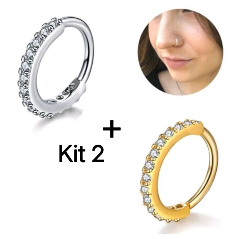 Kit 2 Piercing Nariz Cartilagem Argola Cravejado Strass 7mm