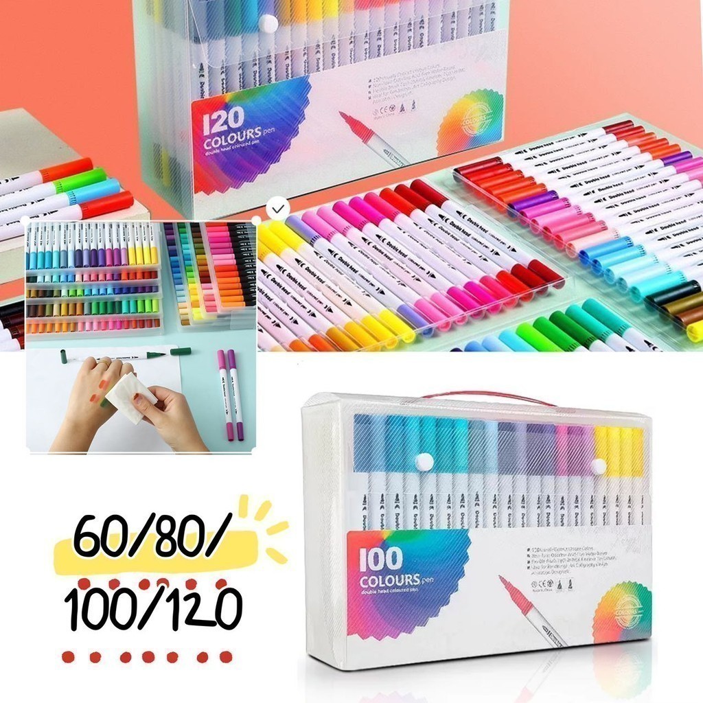 Kit 24/36/48/60/80/100/120 Cores Caneta 2 em 1 Brush Lettering e Ponta Fina Dual Pen Canetinha Color