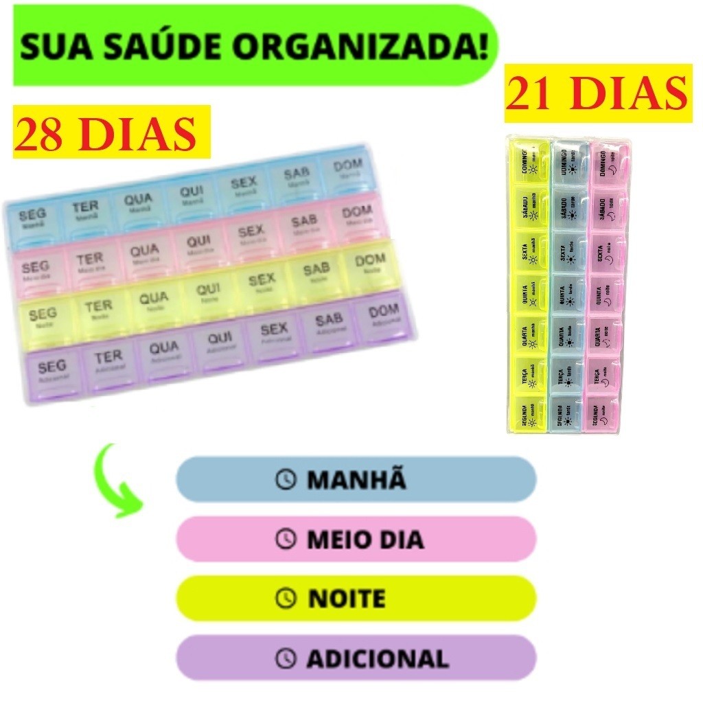 Porta Comprimido De 3 Fileiras 22x12CM Organizador De Remédios Semanal e Mensal Universal Colorido
