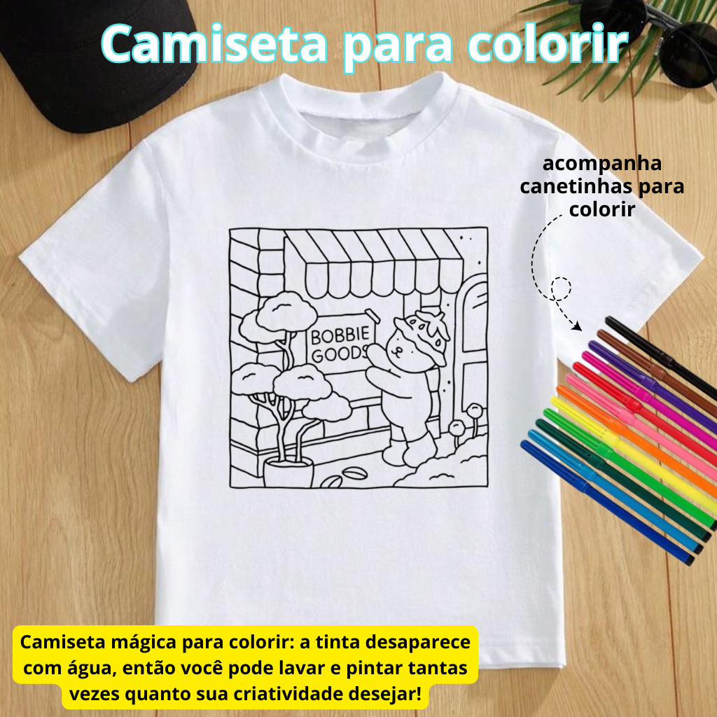 CAMISA CAMISETA BLUSA DESENHO PARA COLORIR COM CANETINHA TENDENCIA  EM ALTA MODA INFANTIL E JUVENIL