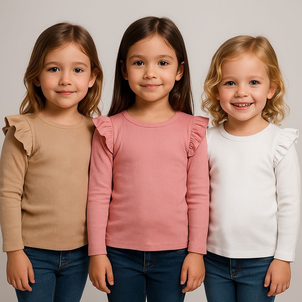KIT 3 BLUSAS INFANTIL CANELADA MANGA LONGA COM BABADINHOS
