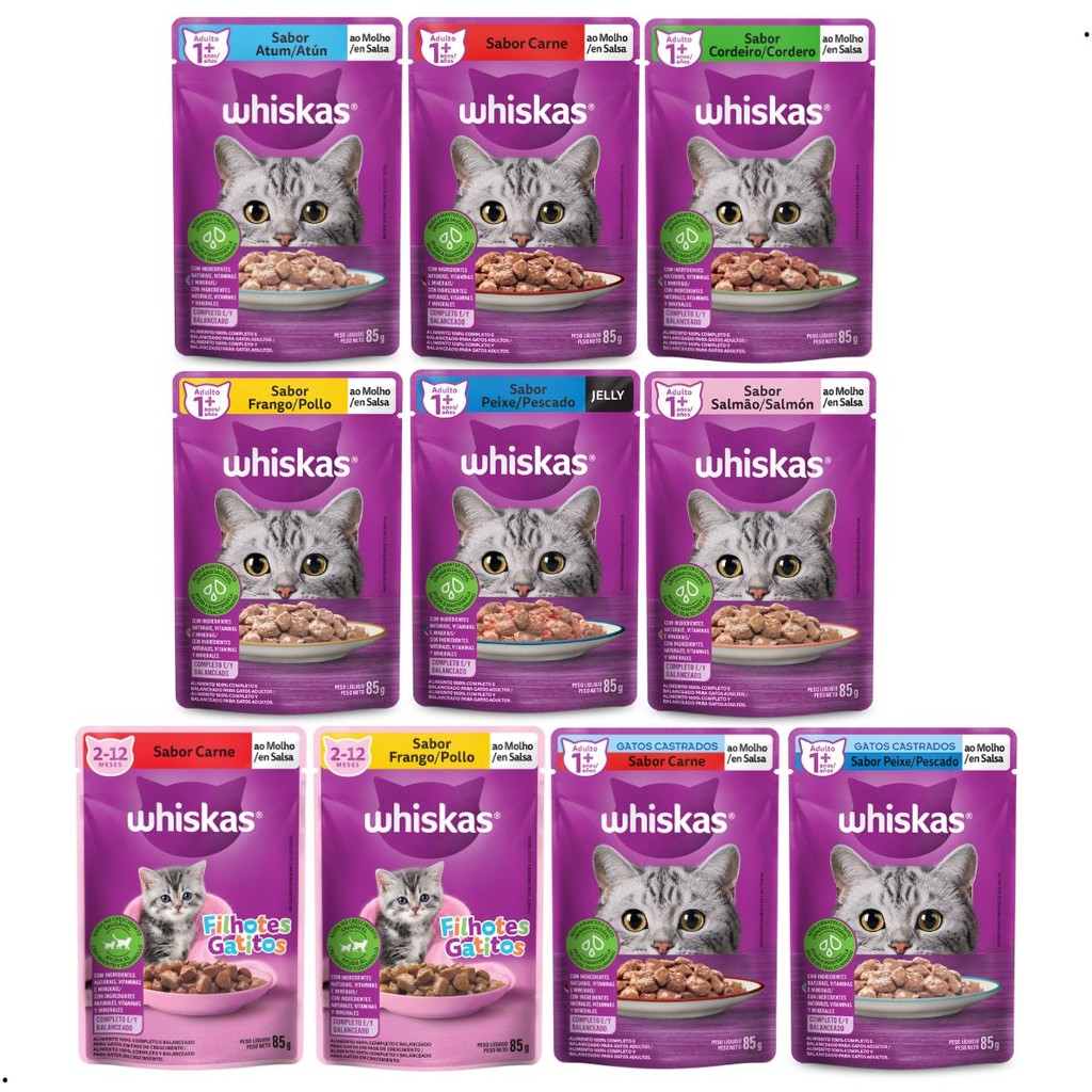 Kit 20 unidades 85g Sachê Whiskas Gatos Adultos Filhotes Castrados Alimento Úmido Ração Úmida Gato