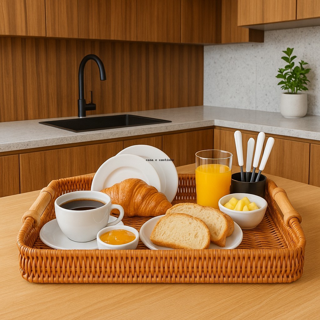 Bandeja de Vime Alça Resistente Organizadora Redonda Retangular Cesto para Servir Café Frios Grande