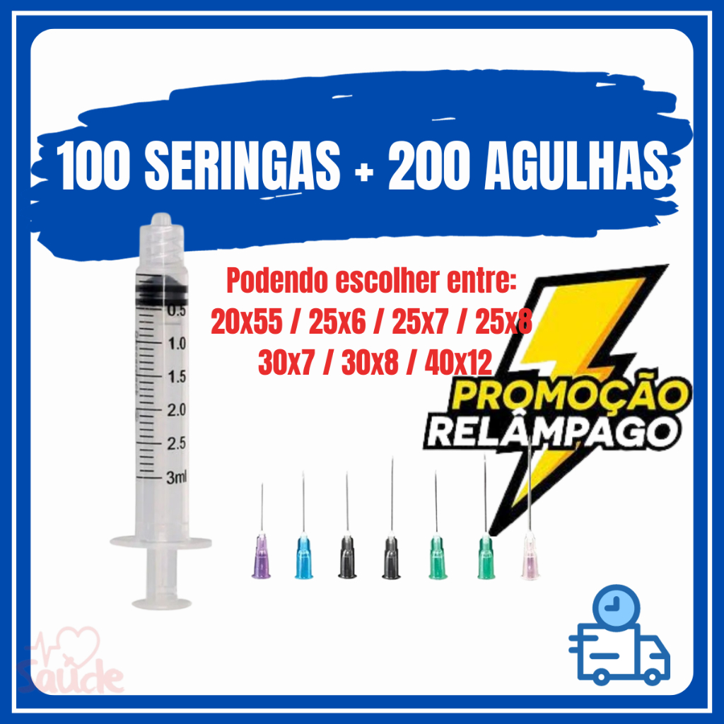 100 Seringas 3 ml com 200 Agulhas a sua escolha podendo escolher entre 20×55 / 25×7 / 25×6 / 25×8 /
