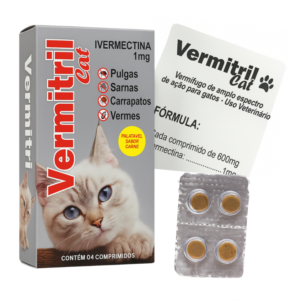 Vermitril gatos Anti Pulgas E Carrapatos 4 Comprimidos mastigáveis