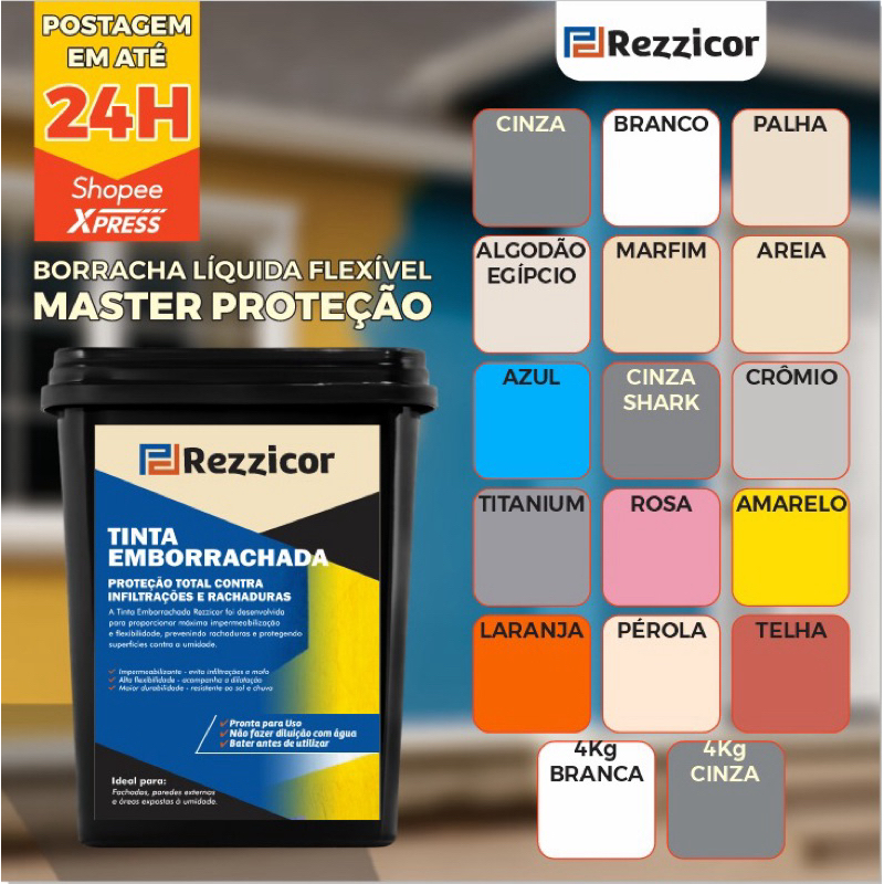 Tinta Borracha 4kg/18kg Líquida Rezzicor – Reboco – Laje – Casa Paredes Super Proteção Impermeável E