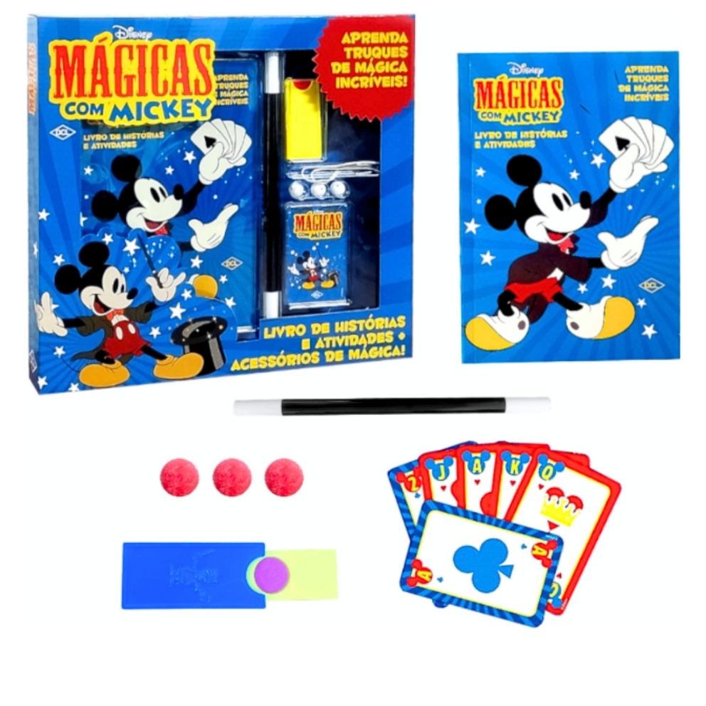 Kit Mágicas Mickey Livro Atividades Histórias Quadrinhos Infantil Truques Varinha Cartas Dia das Cri