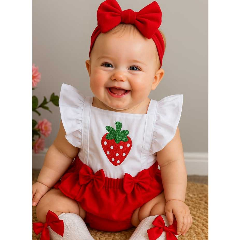 romper moranguinho branco bode mesversario morango