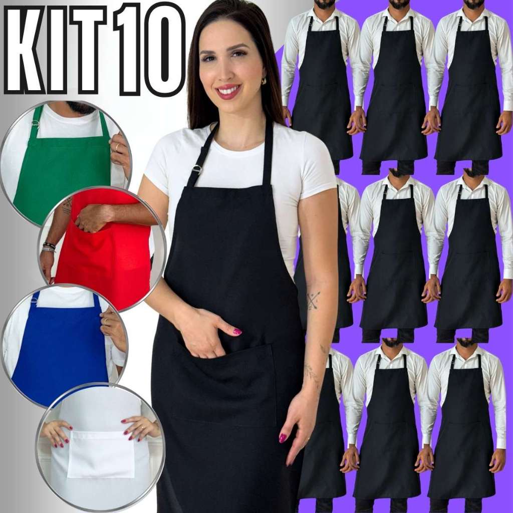 Kit 10 Avental Uniforme Com Bolso Ajustável Corpo Inteiro Oxford Liso Garçom Cozinha