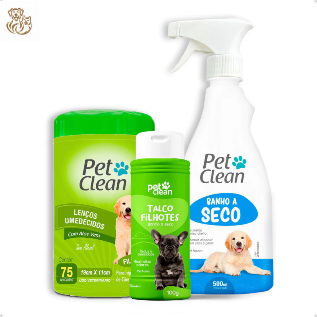 Kit Banho a Seco sem Enxágue 500ml + Talco 100g + Lenço Umedecido 75 unid – Pet Clean
