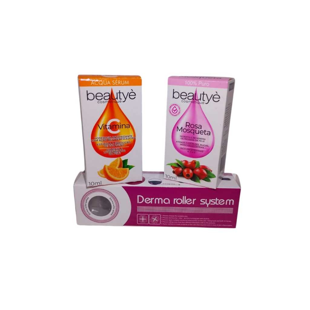 Kit SkinCare Derma Roller + Sérum Vitamina C + Óleo Rosa Mosqueta | Rejuvenescedor e Clareador Beaut