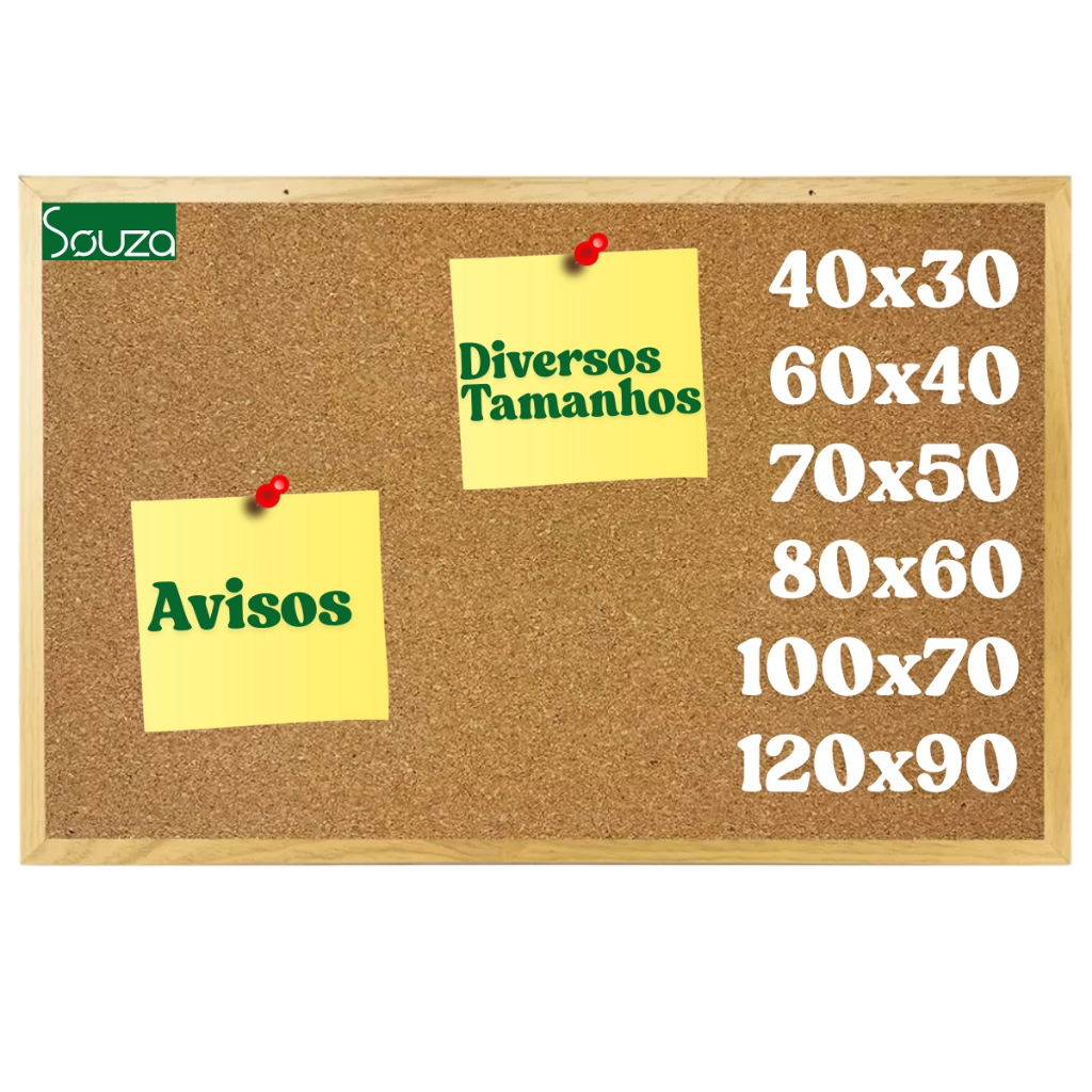 Quadro Lousa Cortiça Moldura Madeira Avisos Recados Quadro de Avisos Anotações Diversas Medidas
