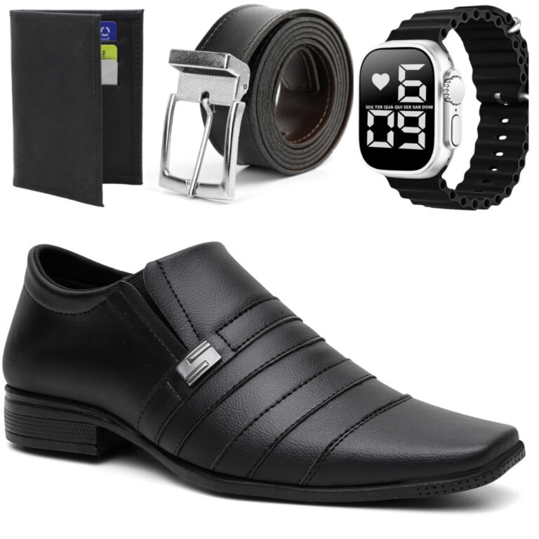 Kit Sapato Social Em Couro Italiano + Brindes Extr