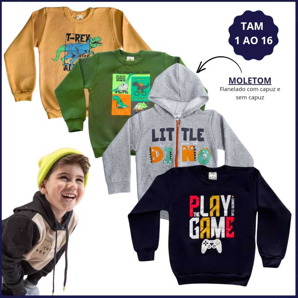 Kit 2 Blusa de Moletom Infantil Menino Capuz Casaco de Frio Inverno Agasalho Flanelado Quentinho For