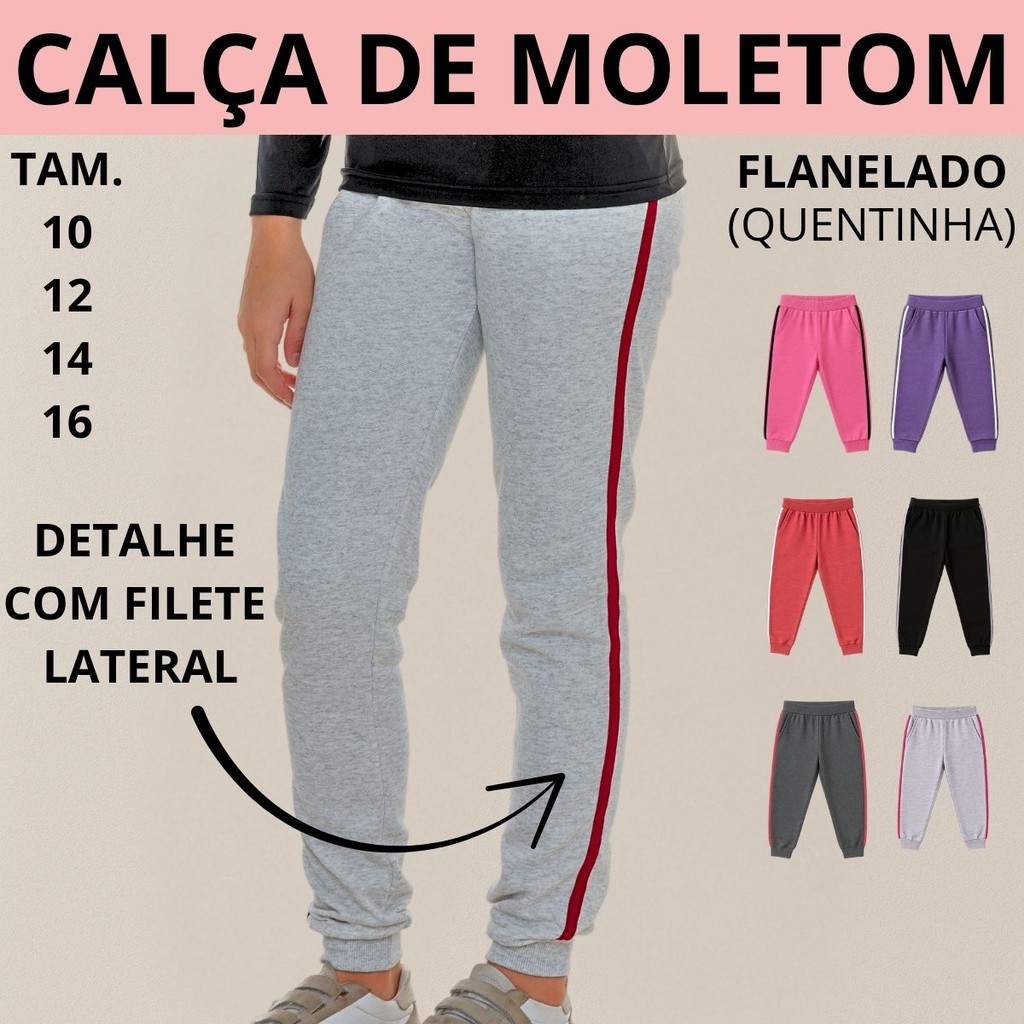 Calça Juvenil Moletom Peluciado 2 Bolsos Filete Lateral Barra Ribana Elastico Embutido Com Punho 315