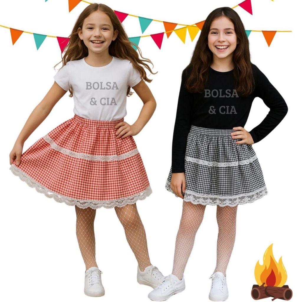 Saia  Festa Junina Infantil e Juvenil  Meia Arrastão Festa Arraiá Xadrez