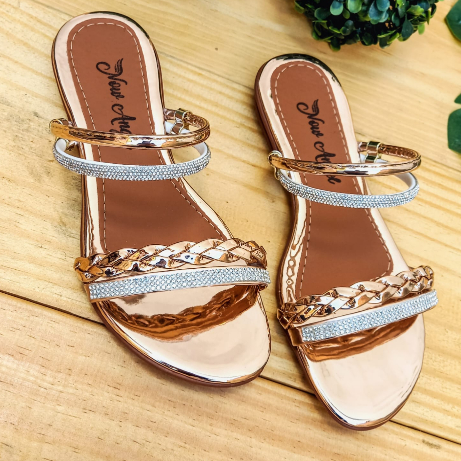 Sandália Feminina com Brilho Presente Rasteirinha Feminino Chinelo com Traseiro Rasteira Lançamento