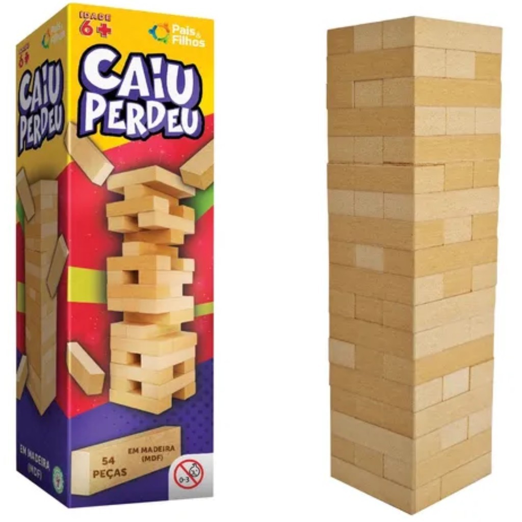 Jogo Caiu Perdeu Torre de Madeira 54 Peças Desenvolve Coordenação Motora Brinquedo