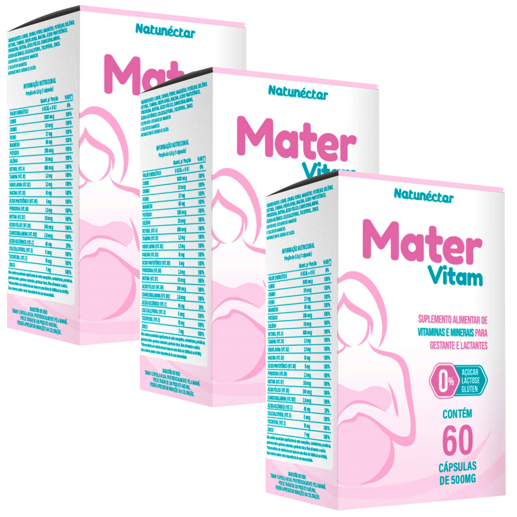 Combo 3 Mater Vitam 60 cápsulas – Total 180 cápsulas – Vitamina Gestante Lactante Mãe Mamãe