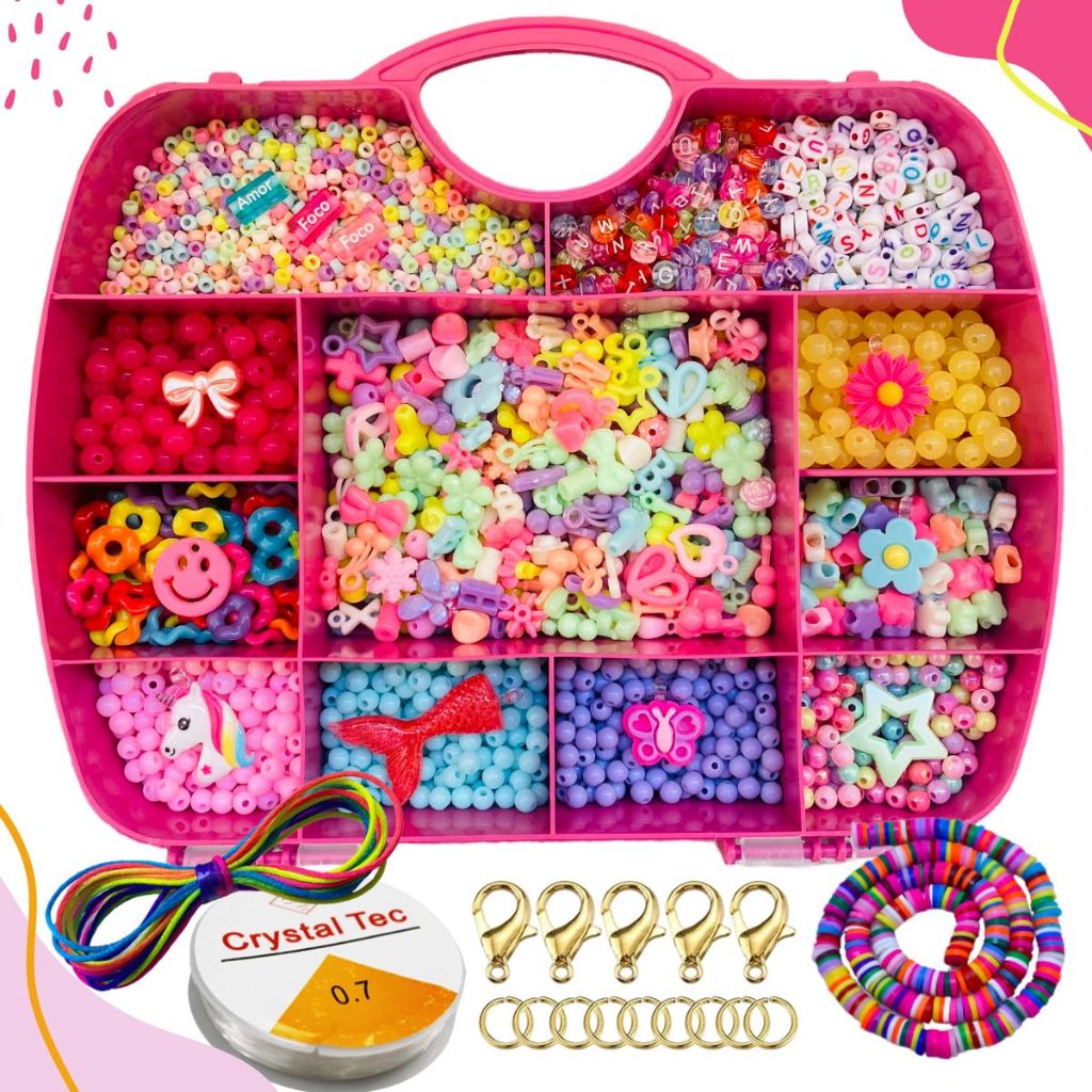 Maleta Kit Infantil Miçangas Para Pulseira 3200 Peças + Silicone