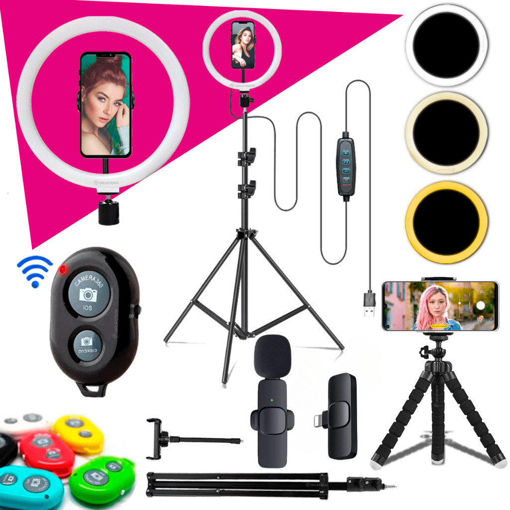 Kit Youtuber Com Tripe 2.10 Iluminador Ring Light Celular Microfone Lapela Sem Fio Android ou IPhone